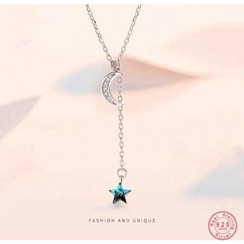 925 Sterling Silver Trend Moon Pendant Necklace Women Simple Blue Star Tassel Fashion Party Jewelry Accessories Girlfriend Gift