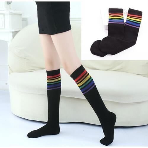 2018 Kids socks striped colored rainbow knee socks cotton school white long sock for kids girls baby boy kids meias