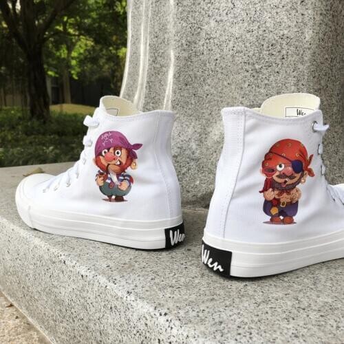Wen Design Canvas Womens Shoes Cartoon Image Turbaned Pirate High Top Laced White Black Sneakers Mens Skateboarding Outdoor