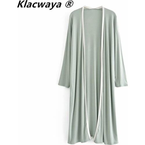 Klacwaya Za 2021 Knitted Long Cardigan Woman Fashion Contrast Trim Long Sleeve Open Womens Summer Cardigan Casual Female Coat