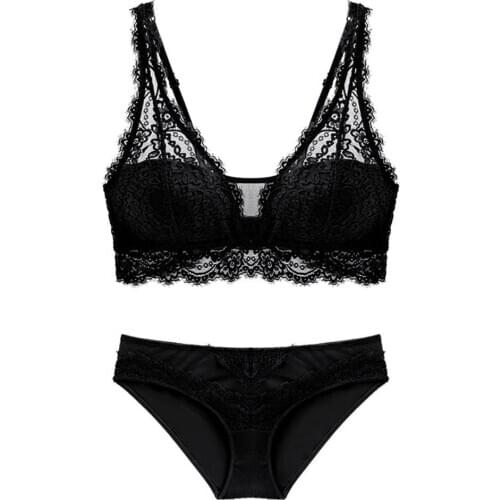 Sexy Women Underwear Sets Solid Color Lace Wireless Padded Bra Briefs G-string Seamless Female Lingeries Bralette Panties Set