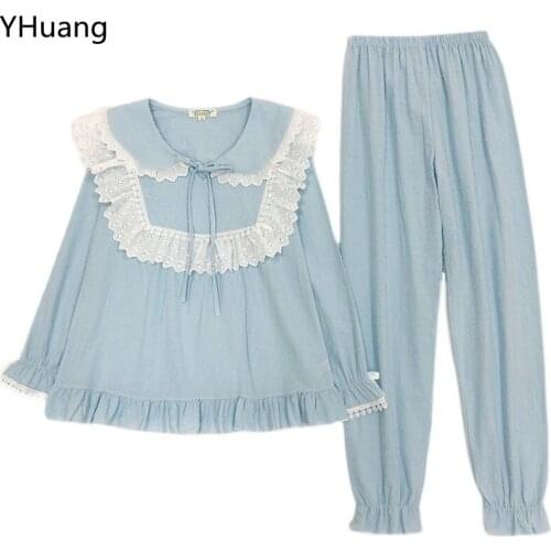 Lace Patchwork Cotton Linen Spring Summer New Women Pajama Sets Long Sleeve Loose Cute Tops + Long PantsTwo-Piece Set