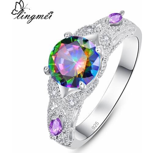 Lingmei Womens Fashion Nice Wedding Zircon Rings Multi Anniversary Silver Color Ring Size 6 7 8 9 Gorgeous Cocktail Gifts