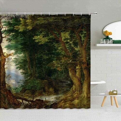 Oil Painting Woods Shower Curtain Forest Green Plant Bridge Fabric Bathroom Supplies Bath Screen With Hook Cloth Curtains Decor
