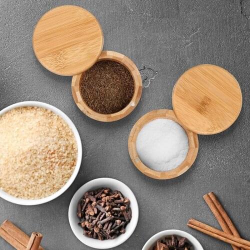 MLGB 2 Pieces Bamboo Salt and Spice Storage Box with Magnetic Swivel Lid Round Bamboo Pepper Box Bamboo Salt Keeper