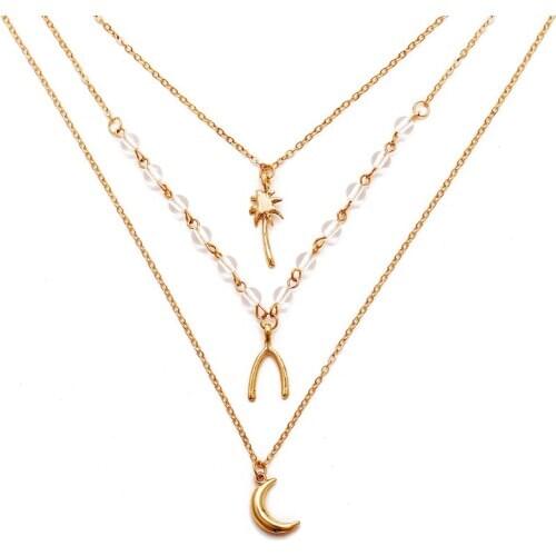 Multilayer Alloy Coconut Tree Moon Bone Pendant Necklace Clavicle Chain Necklace for Women Goth Collar Collier Neck Jewelry Gift