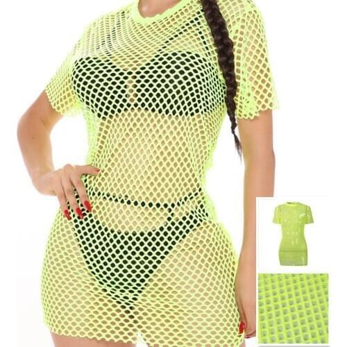 Neon green Sexy Mesh Fishing net Sheer Mini Dress Women Cover Up See Through Short Sleeve T-shirt loose Beach Dress Summer