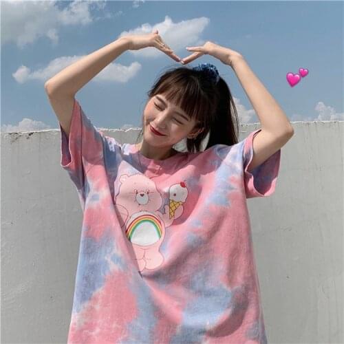 2021 Summer New Short-sleeved T-shirt Loose Oversized Tops Korean Style Tie-dye Pink Clothes Cute Japanese Aesthetic Clothing