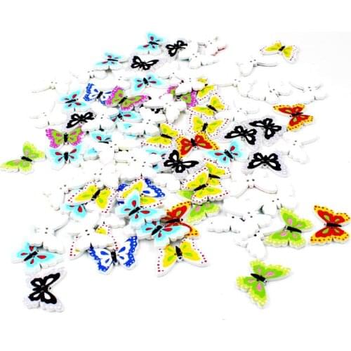 New 50pcs/pack Mixed Color 2 Holes Butterfly Pattern Shape Wooden Buttons Sewing Craft Scrapbooking Products Accessories