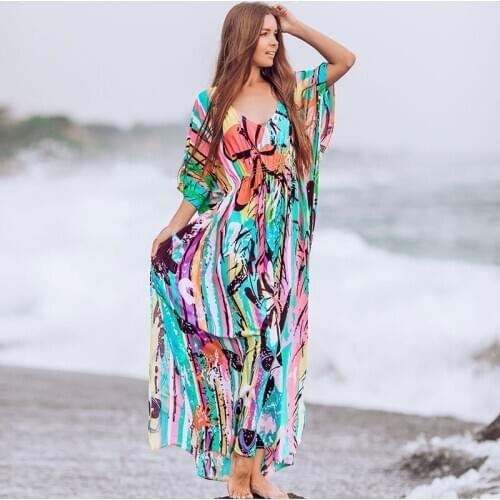 Beach Kaftan Bohemian Loose Summer Maxi Dress Cotton Tunic Women Beachwear Bathing Suit Cover Up