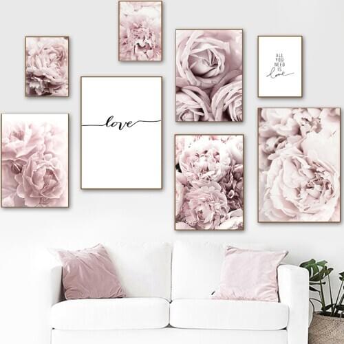 Pink Love Rose Peony Flower Quote Wall Art Canvas Painting Nordic Posters And Prints Marriage Wall Pictures Living Room Decor