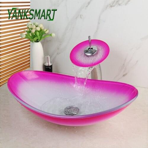 YANKSMART Oval Tempered Glass Hand Painted Waterfall Spout Basin Sink Tap Bathroom Sink Wash Basin Bath Faucet Mixer Water Tap