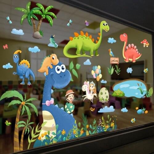 [SHIJUEHEZI] Cartoon Dinosaur Animals Wall Stickers DIY Coconut Tree Mural Decals for Kids Rooms Baby Bedroom Home Decoration