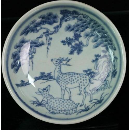 Chinese Old Porcelain Blue and White Pine Deer Pattern Plate Desk Decoration Home Decor Accessories Ornaments Favorites