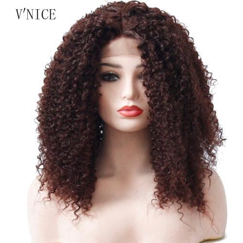V'NICE Kinky Dark Curly Auburn Wig Synthetic Lace Front Brown Wigs for Black Women Fluffy Natural Heat Resistant Hair for Women