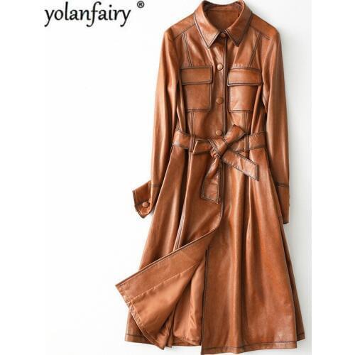 Spring Autumn Genuine Leather Jacket Women Korean Long Sheepskin Coat Brown Women Leather Jacket Cuero Genuino HQ19-LYJ9905A