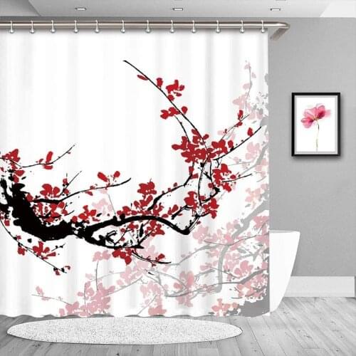 Red Cherry Blossom Art Shower Curtains Set with Hooks Fabric Bath Curtain Bathroom Decor Fabric Polyester Washable Waterproof