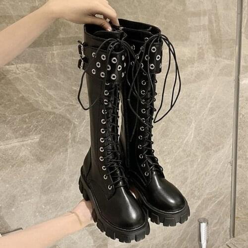 Women Knee High Motorcycle Boots Fashion Autumn Winter Martin Boots 2021 Female Round Toe Zipper Shoes Ladies Platform Shoes