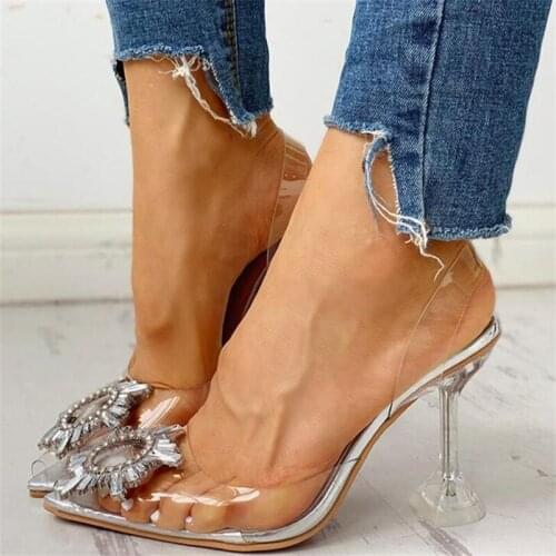 MHYONS Silver PVC Transparent Women Pumps Crystal Pointy Toe High Heels Shoes Woman Perspex Spike Heel Back Strap Pumps Sandals