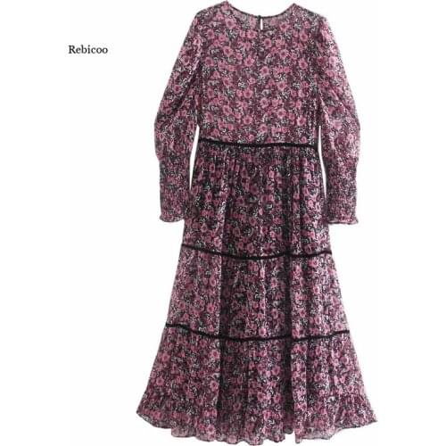 Women Floral Printing Chiffon Tiered Ruffle Midi Dress Female O Neck Puff Sleeve Loose Clothes Casual Lady Vestido