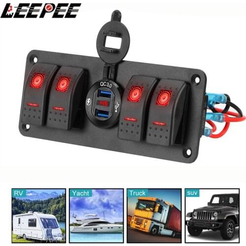 4 Gang Car Switch Panel Marine Rocker Switch Panel 12~24V Circuit Control LED Digital Voltmeter Outlet Combination for Car SUV