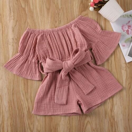 2020 Baby Summer Clothing Rompers Toddler Baby Girls Fashion Solid Off-shoulder Big Bow Jumpsuit Infant Waist Bandage Shorts