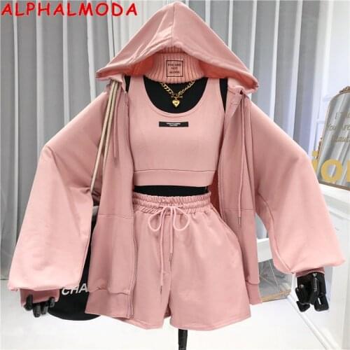 ALPHALMODA Autumn New Casual Sports Suit Female 2020 Fall Slim Vest Shorts Hooded Jacket Fashion Three-Piece Set