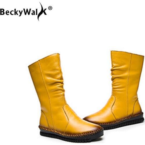 Fashion Cow Leather Boots For Women High Quality Mid-Calf Boots Autumn Winter Women Boots Plus Size 43 Flat Shoes Woman WSH3437