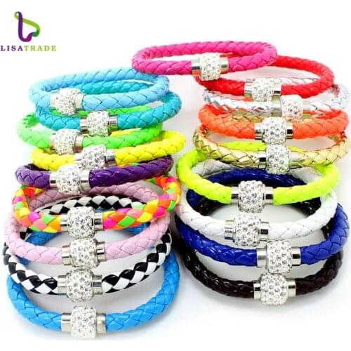 Brand New Fashion 12Pcs/Lot Wholesale Hot PU Leather Bracelet & Disco Ball Crystal Magnetic Clasp Bracelet LSBS09-0*12
