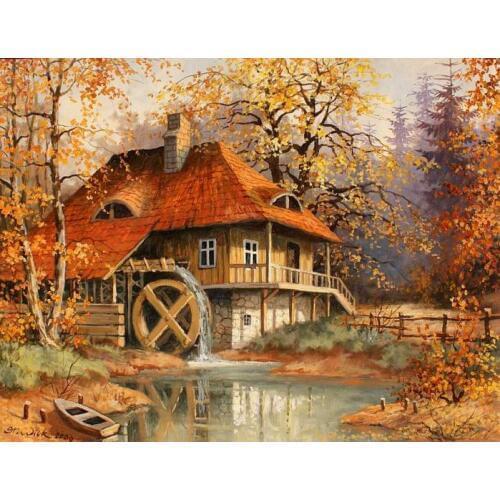 Autumn Forest House Scenic Waterwheel Embroidery Needlework 14CT Unprinted DIY Cross Stitch Kits Handmade Arts Wall Decor
