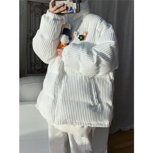 Corduroy Winter Mens Thick Warm Parkas Stand Collar Flowers Decoration Coat Z32