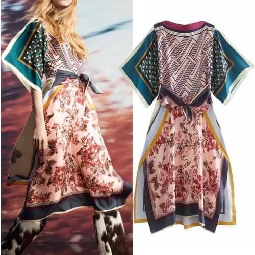 TRAF Za 2021 Satin Dress Woman Patchwork Print Midi Dress Women Summer Long Dresses Fashion Tied Slit Vintage Gothic Dresses