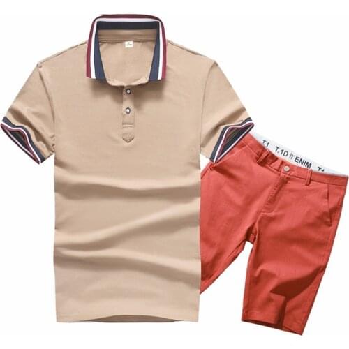 Man Polo Shirt Set 95% Cotton 5% Polyester Summer Brown White Male Quality Short Sleeve Knee Length Men Polo-shirts Shorts Suit