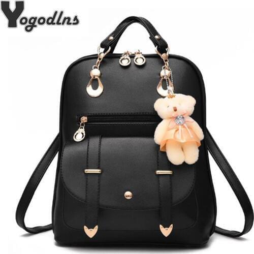 Preppy Style Women Backpack Bear Toys PU Leather Schoolbags for Teenage Girls Female Rucksack Shoulder Bag Travel Knapsack
