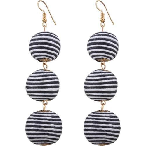 KEJIALAI Line Ball Earrings Cotton Handmade Striped Beads Drop Dangle Earrings for Women Blue Red Pink Big Earrings QD-E0721