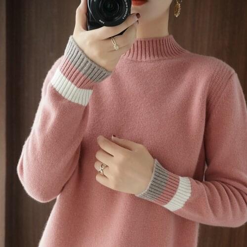 New half high neck cashmere sweater casual loose full sleeves ladies 100% pure wool sweater 2021 fall pullover ATTYYWS Authentic