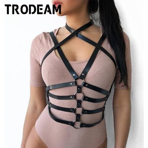 TRODEAM Leather Harness Women Sexy Lingerie Goth Suspenders Bdsm Top Bra Cage Chest Harness Waist Band Garter Belt Stockings Sek