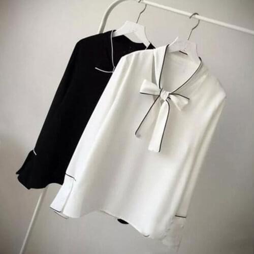 Womens Spring Autumn Style Chiffon Shirt Womens Solid Color Loose Bow Long Sleeve Casual Loose Tops SP831