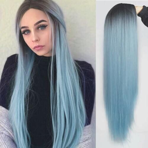AZQUEEN Ombre Blue Straight Long Synthetic Wigs For Women Cosplay Wigs Heat Resistant Middle Part Wigs