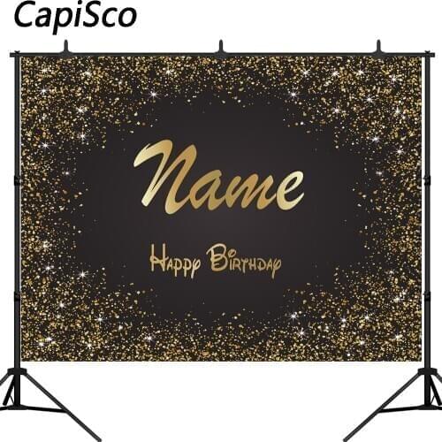 Gold Glitter Happy Birthday Party Custom Background For Photo Studio Black Happy Birthday Decoration Supplies Name DIY Backdrops