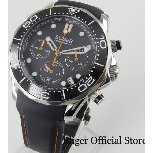 BLIGER Black 41mm Quartz Watch Chronograph Function Sapphire Glass Rotating Bezel Rubber Strap 24 Hours