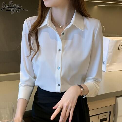 Korean Office Lady Style Blouse Women 2021 Autumn Solid Silk Long Sleeve Womens Blouse Satin Single-breasted Loose Shirts 11053