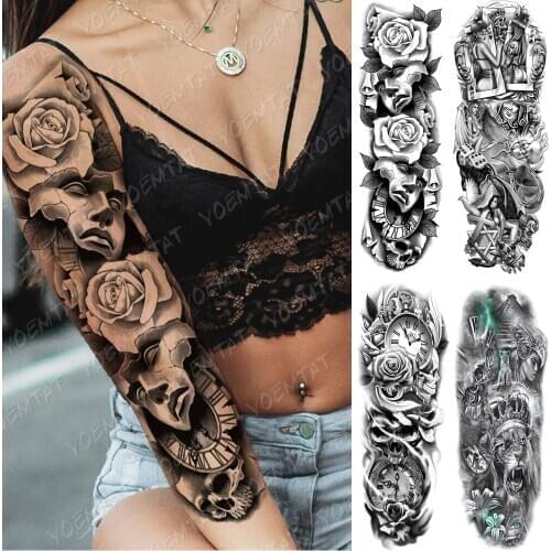Large Arm Sleeve Tattoo Mask Rose Poker Waterproof Temporary Tatto Sticker Lion Crown Body Art Full Fake Tatoo Women Men