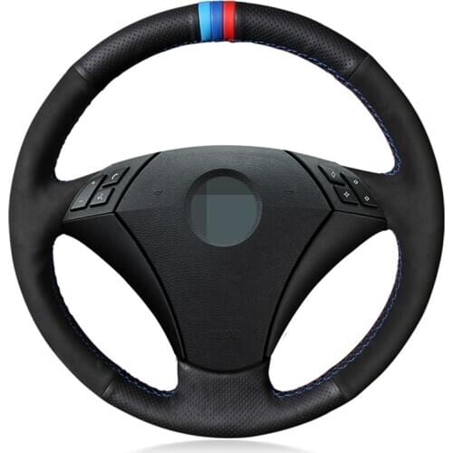 Car Steering Wheel Cover Hand-Stitched Black Genuine Leather Suede For BMW E60 (Sedan) 530d 2003-2009 E61 (Touring) 2004-2009