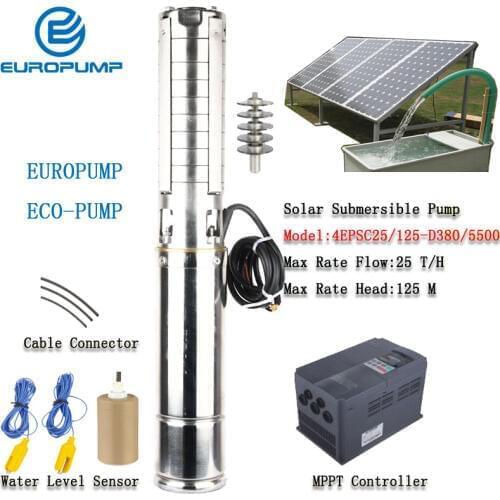 EUROPUMP 4 Inch 7.5HP Solar Power Water Pump System,solar submersible pump with MPPT controller MODEL(4EPSC25/125-D380/5500)