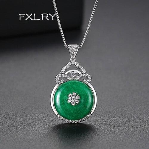 FXLRY Unique Design Pave Setting Cz Big Turquoi Geometric flower pendant necklaces For Women Fashion Jewelry