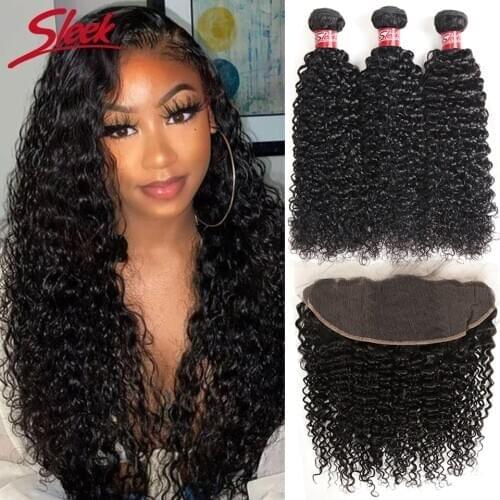 Sleek Kinky Curly Bundles With Frontal Remy Human Hair Bundles With Closure Jerry Curl Brazilian Hair Weave Bundles With Closure
