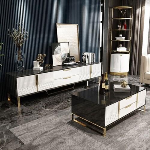 Hong Kong-Style Light Luxury TV Cabinet Tea Table Combination Living Room Paint Black and White Coffee Table
