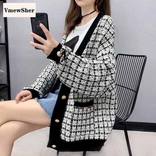 VmewSher New Elegant Plaid Cardigan Women Sweater Autumn Oversized Knitted Single Breasted Jumpers Loose Elegant Female Coat Top