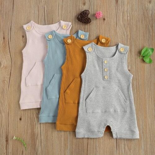 0-18M Newborn Baby Boys Girls Rompers Solid Sleeveless Button Pocket Jumpsuits One Piece 4 Colors